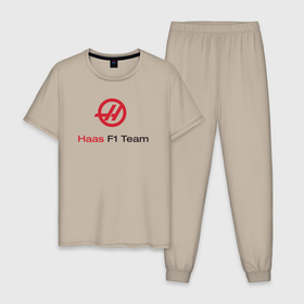 Мужская пижама хлопок с принтом Haas F1 Team в Кировске, 100% хлопок | брюки и футболка прямого кроя, без карманов, на брюках мягкая резинка на поясе и по низу штанин
 | f1 | haas | грожан | магнуссен | мазепин | ф1 | феррари | формула 1 | хаас