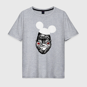 Мужская футболка хлопок Oversize с принтом Горилла Маус в Белгороде, 100% хлопок | свободный крой, круглый ворот, “спинка” длиннее передней части | animal | cheeks | ears | engraving | gorilla | mickey mouse | горилла | гравюра | животное | микки маус | уши | щеки