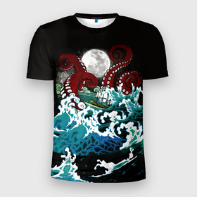 Мужская футболка 3D спортивная с принтом Корабль на Волнах | Кракен в Курске, 100% полиэстер с улучшенными характеристиками | приталенный силуэт, круглая горловина, широкие плечи, сужается к линии бедра | animal | beast | kraken | monster | moon | ocean | octopus | sea | ship | water | waves | вода | волны | животные | звери | корабль | кракен | луна | монстр | море | океан | осьминог | рыбы | щупальца