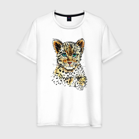 Мужская футболка хлопок с принтом Леопардёнок в Новосибирске, 100% хлопок | прямой крой, круглый вырез горловины, длина до линии бедер, слегка спущенное плечо. | арт | большая кошка | дикий | для него | для неё | зверь | классный подарок | котёнок | котик | крутой принт | лапки | лапы | лео | леопард | малыш | милота | пятна | рисунок | ручная графика | скетч