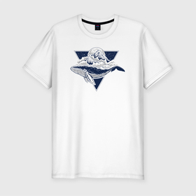 Мужская футболка хлопок Slim с принтом Кит в треугольнике в Петрозаводске, 92% хлопок, 8% лайкра | приталенный силуэт, круглый вырез ворота, длина до линии бедра, короткий рукав | whale | гора | звезда | звезды | кит | киты | луна | ночь
