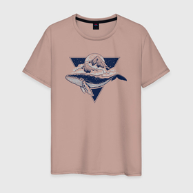 Мужская футболка хлопок с принтом Кит в треугольнике в Курске, 100% хлопок | прямой крой, круглый вырез горловины, длина до линии бедер, слегка спущенное плечо. | whale | гора | звезда | звезды | кит | киты | луна | ночь