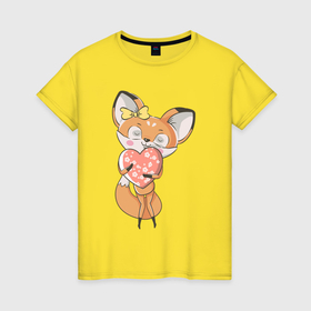 Женская футболка хлопок с принтом Лисица с сердечком в Петрозаводске, 100% хлопок | прямой крой, круглый вырез горловины, длина до линии бедер, слегка спущенное плечо | fox | foxy | животное | звери | лиса | лисенок | лисичка | милая | рыжая | фокс