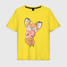 Мужская футболка хлопок Oversize с принтом Лисица с сердечком в Белгороде, 100% хлопок | свободный крой, круглый ворот, “спинка” длиннее передней части | Тематика изображения на принте: fox | foxy | животное | звери | лиса | лисенок | лисичка | милая | рыжая | фокс
