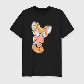 Мужская футболка хлопок Slim с принтом Лисица с сердечком в Белгороде, 92% хлопок, 8% лайкра | приталенный силуэт, круглый вырез ворота, длина до линии бедра, короткий рукав | Тематика изображения на принте: fox | foxy | животное | звери | лиса | лисенок | лисичка | милая | рыжая | фокс