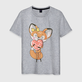 Мужская футболка хлопок с принтом Лисица с сердечком в Белгороде, 100% хлопок | прямой крой, круглый вырез горловины, длина до линии бедер, слегка спущенное плечо. | Тематика изображения на принте: fox | foxy | животное | звери | лиса | лисенок | лисичка | милая | рыжая | фокс