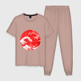 Мужская пижама хлопок с принтом Волна в Канагаве в Белгороде, 100% хлопок | брюки и футболка прямого кроя, без карманов, на брюках мягкая резинка на поясе и по низу штанин
 | Тематика изображения на принте: аниме | бамбук | большая волна в канагаве | волна | красный | солнце | япония
