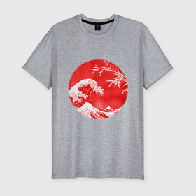 Мужская футболка хлопок Slim с принтом Волна в Канагаве в Белгороде, 92% хлопок, 8% лайкра | приталенный силуэт, круглый вырез ворота, длина до линии бедра, короткий рукав | аниме | бамбук | большая волна в канагаве | волна | красный | солнце | япония