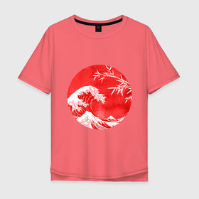 Мужская футболка хлопок Oversize с принтом Волна в Канагаве в Санкт-Петербурге, 100% хлопок | свободный крой, круглый ворот, “спинка” длиннее передней части | аниме | бамбук | большая волна в канагаве | волна | красный | солнце | япония