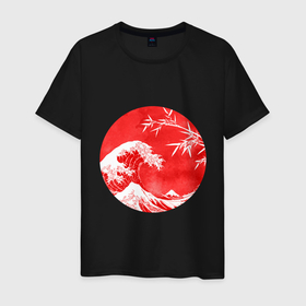 Мужская футболка хлопок с принтом Волна в Канагаве в Санкт-Петербурге, 100% хлопок | прямой крой, круглый вырез горловины, длина до линии бедер, слегка спущенное плечо. | аниме | бамбук | большая волна в канагаве | волна | красный | солнце | япония