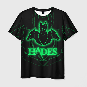 Мужская футболка 3D с принтом Hades в Курске, 100% полиэфир | прямой крой, круглый вырез горловины, длина до линии бедер | Тематика изображения на принте: hades | roguelike | бесконечные круги ада | волки | зелёные | компьютерная игра | светящиеся | эмблема