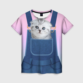 Женская футболка 3D с принтом ВИСЛОУХИЙ КОТЕНОК В КАРМАШКЕ в Белгороде, 100% полиэфир ( синтетическое хлопкоподобное полотно) | прямой крой, круглый вырез горловины, длина до линии бедер | в кармане | в кармашке | вислоухий | животные | комбинезон | кот | котенок | котик | кошка | шотландская