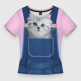 Женская футболка 3D Slim с принтом ВИСЛОУХИЙ КОТЕНОК В КАРМАШКЕ ,  |  | в кармане | в кармашке | вислоухий | животные | комбинезон | кот | котенок | котик | кошка | шотландская
