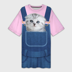 Платье-футболка 3D с принтом ВИСЛОУХИЙ КОТЕНОК В КАРМАШКЕ ,  |  | Тематика изображения на принте: в кармане | в кармашке | вислоухий | животные | комбинезон | кот | котенок | котик | кошка | шотландская