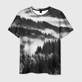 Мужская футболка 3D с принтом ТУМАННЫЙ ЛЕС  МРАЧНЫЙ ЛЕС в Белгороде, 100% полиэфир | прямой крой, круглый вырез горловины, длина до линии бедер | Тематика изображения на принте: tegunvteg | деревья | ели | лес | мрачный | природа | туман | туманный