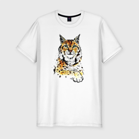Мужская футболка хлопок Slim с принтом Рысь в Новосибирске, 92% хлопок, 8% лайкра | приталенный силуэт, круглый вырез ворота, длина до линии бедра, короткий рукав | большая | дикий | для него | для неё | звери. зверь | кошка | красивый | лес | подарок | принт | природа | пятна | рысь