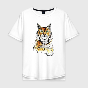 Мужская футболка хлопок Oversize с принтом Рысь в Новосибирске, 100% хлопок | свободный крой, круглый ворот, “спинка” длиннее передней части | Тематика изображения на принте: большая | дикий | для него | для неё | звери. зверь | кошка | красивый | лес | подарок | принт | природа | пятна | рысь