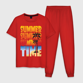 Мужская пижама хлопок с принтом SUMMER TIME в Новосибирске, 100% хлопок | брюки и футболка прямого кроя, без карманов, на брюках мягкая резинка на поясе и по низу штанин
 | beach | holiday | print | sea | summer | sun | лето | море | острова | отдых | отпуск | пальмы | песок | пляж | солнце