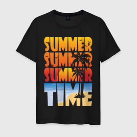 Мужская футболка хлопок с принтом SUMMER TIME в Курске, 100% хлопок | прямой крой, круглый вырез горловины, длина до линии бедер, слегка спущенное плечо. | beach | holiday | print | sea | summer | sun | лето | море | острова | отдых | отпуск | пальмы | песок | пляж | солнце