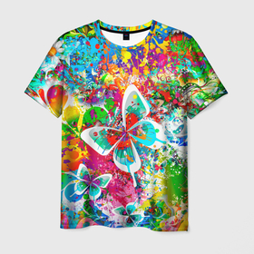 Мужская футболка 3D с принтом ЯРКИЕ КРАСКИ в Курске, 100% полиэфир | прямой крой, круглый вырез горловины, длина до линии бедер | butterfly | color | flower | rainbow | summer | бабочки | брызги | краски | лето | радуга | цвета | цветы