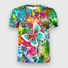 Мужская футболка 3D спортивная с принтом ЯРКИЕ КРАСКИ в Екатеринбурге, 100% полиэстер с улучшенными характеристиками | приталенный силуэт, круглая горловина, широкие плечи, сужается к линии бедра | Тематика изображения на принте: butterfly | color | flower | rainbow | summer | бабочки | брызги | краски | лето | радуга | цвета | цветы