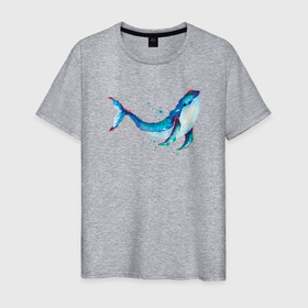 Мужская футболка хлопок с принтом Кит акварель в Тюмени, 100% хлопок | прямой крой, круглый вырез горловины, длина до линии бедер, слегка спущенное плечо. | sea | whale | акварель | кит | киты | морские | морское