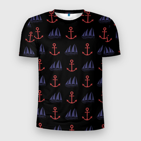 Мужская футболка 3D Slim с принтом Корабли и якоря в Петрозаводске, 100% полиэстер с улучшенными характеристиками | приталенный силуэт, круглая горловина, широкие плечи, сужается к линии бедра | anchor | корабли | корабль | море | морские | океан | паруса | паттерн | шварт | якори | якорь
