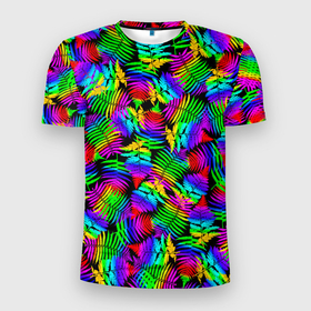 Мужская футболка 3D Slim с принтом Неоновый папоротник в Тюмени, 100% полиэстер с улучшенными характеристиками | приталенный силуэт, круглая горловина, широкие плечи, сужается к линии бедра | neon | summer | tropical | азия | ветки | джунгли | жара | зелень | красочный | лето | листья | неоновые цвета | остров | отпуск | пальмы | папоротник | пляж | природа | путешествие | радужный | растения | таиланд