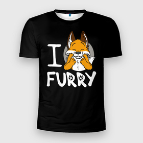 Мужская футболка 3D Slim с принтом I love furry в Кировске, 100% полиэстер с улучшенными характеристиками | приталенный силуэт, круглая горловина, широкие плечи, сужается к линии бедра | furry | i love furry | антропоморфные животные | лиса | люди животные | фурри | я люблю фурри
