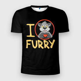 Мужская футболка 3D Slim с принтом I love furry , 100% полиэстер с улучшенными характеристиками | приталенный силуэт, круглая горловина, широкие плечи, сужается к линии бедра | furry | i love furry | антропоморфные животные | волк | зверь | люди   животные | сердце | фурри | я люблю фурри