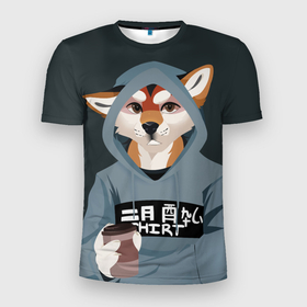Мужская футболка 3D спортивная с принтом Furry fox в Тюмени, 100% полиэстер с улучшенными характеристиками | приталенный силуэт, круглая горловина, широкие плечи, сужается к линии бедра | furry | furry fox | антропоморфное животное | животные | зверь | капюшон | кофе | лиса | фурри | человек