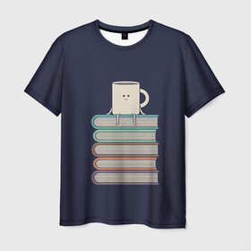 Мужская футболка 3D с принтом Book Cup в Белгороде, 100% полиэфир | прямой крой, круглый вырез горловины, длина до линии бедер | book | chill | coffee | cup | knowledge | mountain | relax | study | tee | гора | знания | книга | книги | книжный | кофе | кружка | релакс | чай | чил
