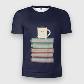 Мужская футболка 3D Slim с принтом Book Cup , 100% полиэстер с улучшенными характеристиками | приталенный силуэт, круглая горловина, широкие плечи, сужается к линии бедра | book | chill | coffee | cup | knowledge | mountain | relax | study | tee | гора | знания | книга | книги | книжный | кофе | кружка | релакс | чай | чил