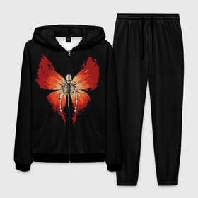 Мужской костюм 3D с принтом Butterfly Skeleton в Белгороде, 100% полиэстер | Манжеты и пояс оформлены тканевой резинкой, двухслойный капюшон со шнурком для регулировки, карманы спереди | bones | butterfly | chitin | fire | flame | orange | red | ribs | ridge | skeleton | skull | wings | бабочка | кости | красный | крылья | огонь | оранжевый | пламя | ребра | скелет | хитин | хребет | череп