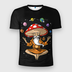 Мужская футболка 3D Slim с принтом Космический Гриб Волшебник в Петрозаводске, 100% полиэстер с улучшенными характеристиками | приталенный силуэт, круглая горловина, широкие плечи, сужается к линии бедра | beard | buddha | fly agaric | man | monk | moon | mushroom | old | planets | satellites | solar | space | stars | system | universe | борода | будда | вселенная | гриб | звезды | космос | луна | мухомор | планеты | система | солнечная | спутники |
