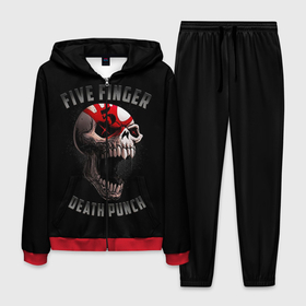 Мужской костюм 3D с принтом Five Finger Death Punch | 5FDP в Тюмени, 100% полиэстер | Манжеты и пояс оформлены тканевой резинкой, двухслойный капюшон со шнурком для регулировки, карманы спереди | Тематика изображения на принте: 5fdp | america | death | ffdp | finger | five | hard | metal | music | punch | rock | skull | states | united | usa | америка | метал | музыка | рок | сша | хард | череп