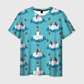 Мужская футболка 3D с принтом Пингвины в Курске, 100% полиэфир | прямой крой, круглый вырез горловины, длина до линии бедер | море | морские | океан | пингвин | пингвинчик | пингвины | плавники акул