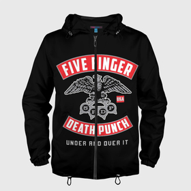 Мужская ветровка 3D с принтом Five Finger Death Punch (5FDP) в Санкт-Петербурге, 100% полиэстер | подол и капюшон оформлены резинкой с фиксаторами, два кармана без застежек по бокам, один потайной карман на груди | Тематика изображения на принте: 5fdp | america | death | ffdp | finger | five | hard | metal | music | punch | rock | skull | states | united | usa | америка | метал | музыка | рок | сша | хард | череп