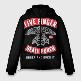 Мужская зимняя куртка 3D с принтом Five Finger Death Punch (5FDP) в Екатеринбурге, верх — 100% полиэстер; подкладка — 100% полиэстер; утеплитель — 100% полиэстер | длина ниже бедра, свободный силуэт Оверсайз. Есть воротник-стойка, отстегивающийся капюшон и ветрозащитная планка. 

Боковые карманы с листочкой на кнопках и внутренний карман на молнии. | Тематика изображения на принте: 5fdp | america | death | ffdp | finger | five | hard | metal | music | punch | rock | skull | states | united | usa | америка | метал | музыка | рок | сша | хард | череп