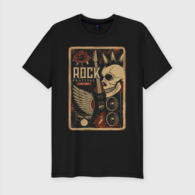 Мужская футболка хлопок Slim с принтом Rock festival в Новосибирске, 92% хлопок, 8% лайкра | приталенный силуэт, круглый вырез ворота, длина до линии бедра, короткий рукав | festival | rock | skull | гитара | крылья | панк | роза | розы | рок | череп