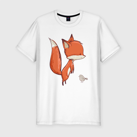 Мужская футболка хлопок Slim с принтом Лисичка и птичка , 92% хлопок, 8% лайкра | приталенный силуэт, круглый вырез ворота, длина до линии бедра, короткий рукав | fox | foxy | животное | звери | лиса | лисенок | лисичка | милая | рыжая | фокс