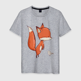Мужская футболка хлопок с принтом Лисичка и птичка в Кировске, 100% хлопок | прямой крой, круглый вырез горловины, длина до линии бедер, слегка спущенное плечо. | fox | foxy | животное | звери | лиса | лисенок | лисичка | милая | рыжая | фокс