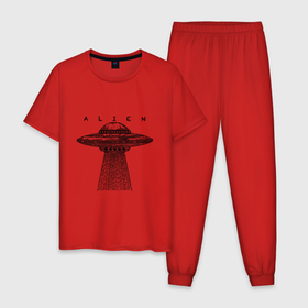 Мужская пижама хлопок с принтом Alien в Санкт-Петербурге, 100% хлопок | брюки и футболка прямого кроя, без карманов, на брюках мягкая резинка на поясе и по низу штанин
 | гравюра | графика | инопланетный корабль | космический корабль | космос | летающая тарелка | пришельцы | чёрно белый