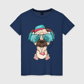 Женская футболка хлопок с принтом Крутой мопс в очках в Белгороде, 100% хлопок | прямой крой, круглый вырез горловины, длина до линии бедер, слегка спущенное плечо | мопс | мопсиха | пес | песик | собака | собачка