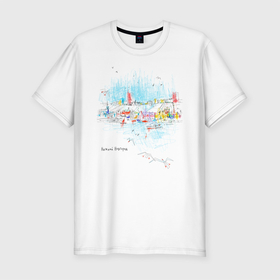 Мужская футболка хлопок Slim с принтом Полёт над городом в Кировске, 92% хлопок, 8% лайкра | приталенный силуэт, круглый вырез ворота, длина до линии бедра, короткий рукав | город | нижний новгород | полёт | птицы | река | рисунок