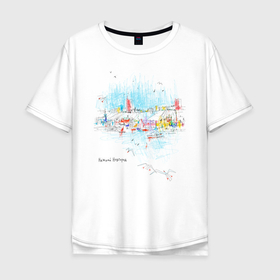 Мужская футболка хлопок Oversize с принтом Полёт над городом , 100% хлопок | свободный крой, круглый ворот, “спинка” длиннее передней части | город | нижний новгород | полёт | птицы | река | рисунок