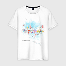 Мужская футболка хлопок с принтом Полёт над городом в Белгороде, 100% хлопок | прямой крой, круглый вырез горловины, длина до линии бедер, слегка спущенное плечо. | город | нижний новгород | полёт | птицы | река | рисунок