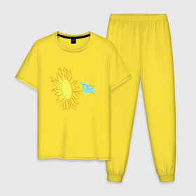 Мужская пижама хлопок с принтом лето,цветок и птица . Арт лайн в Екатеринбурге, 100% хлопок | брюки и футболка прямого кроя, без карманов, на брюках мягкая резинка на поясе и по низу штанин
 | art line | blue | color circle | geometric | hummingbird | oval | sunflower | trend | triangle | yellow | арт лайн | геометрический | желтый | колибри | овал | подсолнух | синий | тренд | треугольник | цветной круsummer