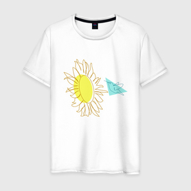 Мужская футболка хлопок с принтом лето,цветок и птица . Арт лайн в Новосибирске, 100% хлопок | прямой крой, круглый вырез горловины, длина до линии бедер, слегка спущенное плечо. | art line | blue | color circle | geometric | hummingbird | oval | sunflower | trend | triangle | yellow | арт лайн | геометрический | желтый | колибри | овал | подсолнух | синий | тренд | треугольник | цветной круsummer