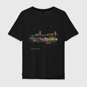 Мужская футболка хлопок Oversize с принтом Ночной полёт в Белгороде, 100% хлопок | свободный крой, круглый ворот, “спинка” длиннее передней части | город | нижний новгород | рисунок | самолёт. ночь